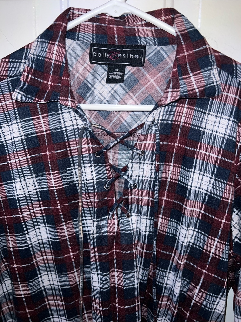 POLY & ESTHER ♥️ COTTON FLANNEL BLUE/RED/WHITE PLAID LONG SLEEVE LACE-UP TOP 2X